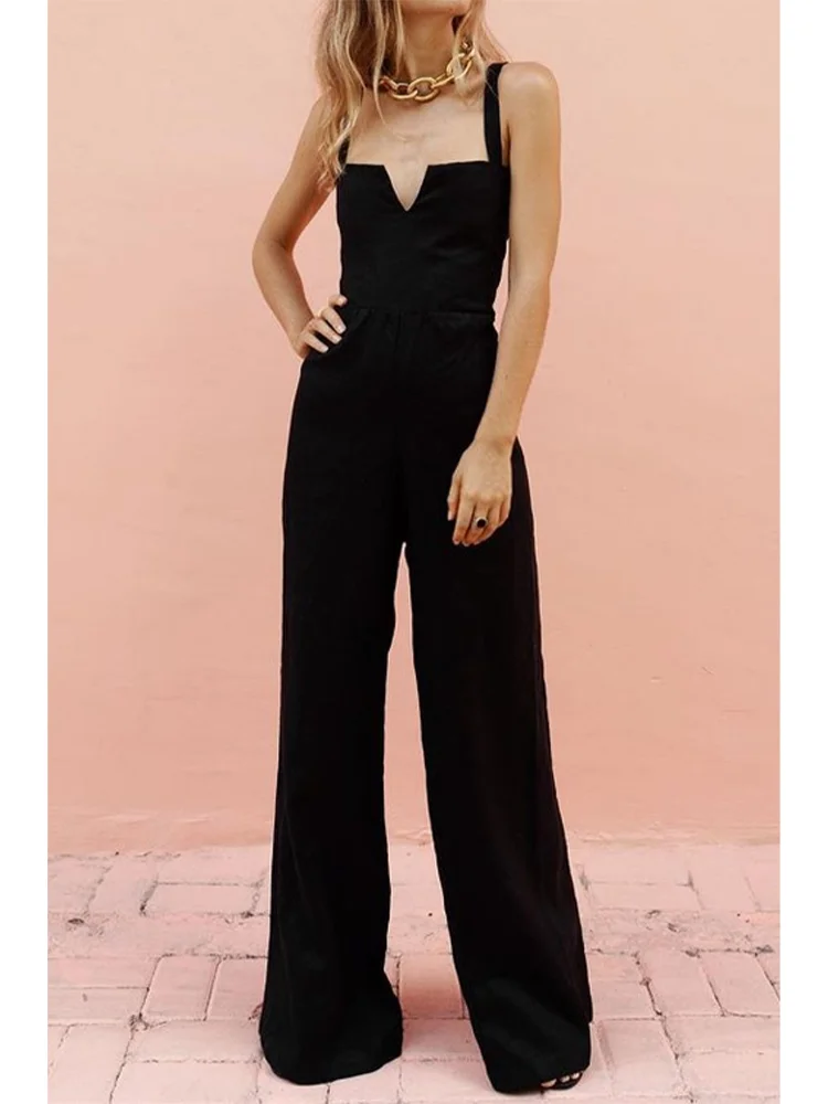 Black Jumpsuit Women's Elegant Spaghetti Sleeveless Backless Wide Leg Pants Fashion Evening Party Formal Rompers Summer Overalls 2023 summer spaghetti strap solid party jumpsuits women sexy v neck cross off shoulder irregular mini dresses hem jumpsuit