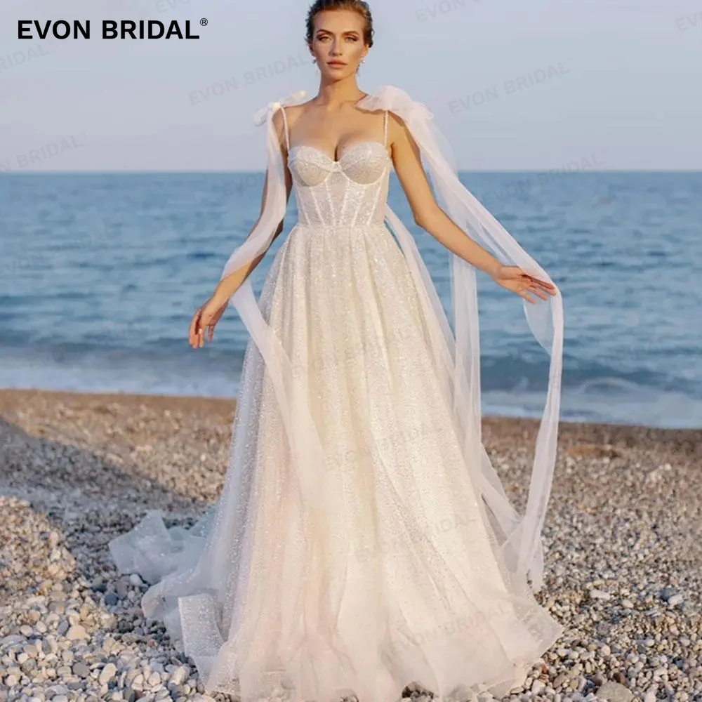 

EVON Boho Glitter Spaghetti Straps A-Line Wedding Dresses For Women Backless Ribbons Floor-Length Bridal Gown Vestido De Novia