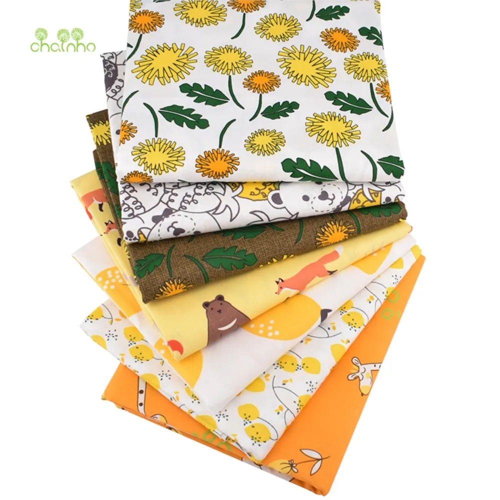 Chainho,Printed Twill Weave Cotton Fabric,Patchwork Cloth,DIY Sewing Quilting Material,Yellow Series,7 Designs,2 Sizes,CC101