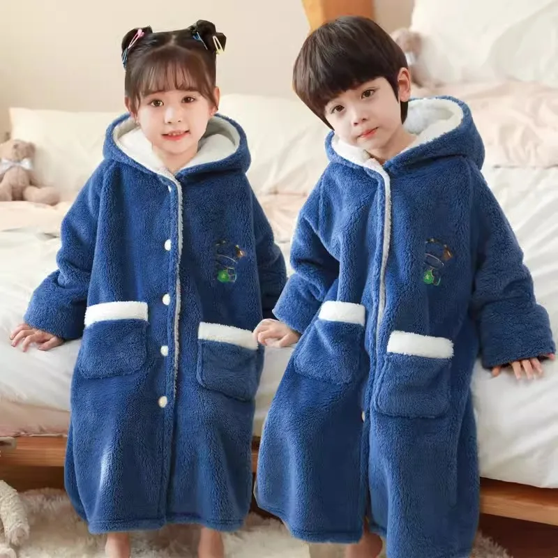 Fashion Hooded Sleepwear for Boys Winter Teenage Thicken Warm Bathrobes Kids Girls Cartoon Bear Flannel Lengthen Homewear 8 12 Y