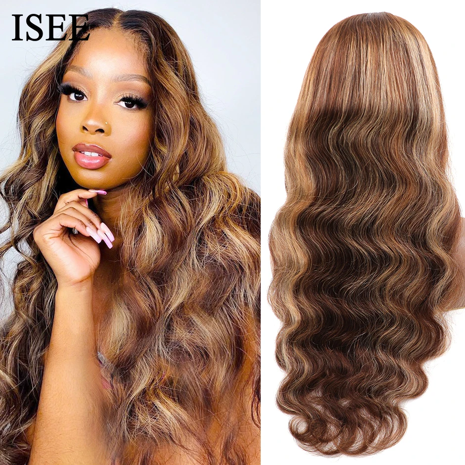 

ISEE HAIR Long Highlight Body Wave lace front Human Hair Wigs For Women Peruvian Body Wave Wig Human Hair 4X4 Lace Closure Wig