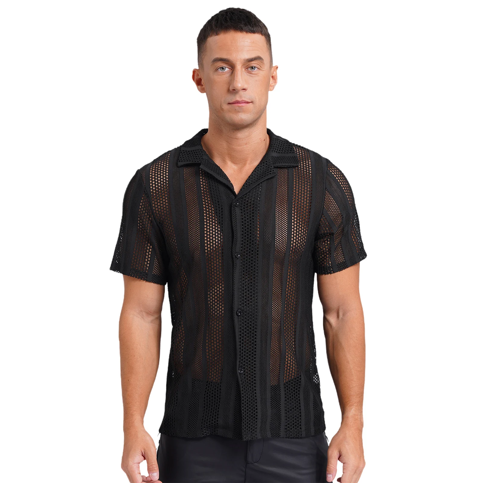

2024 Men's Shirt Summer Fashion Striped Hollow Out T-Shirts Short Sleeve Solid Color Turn-Down Collar Tee Tops Casual Clothes