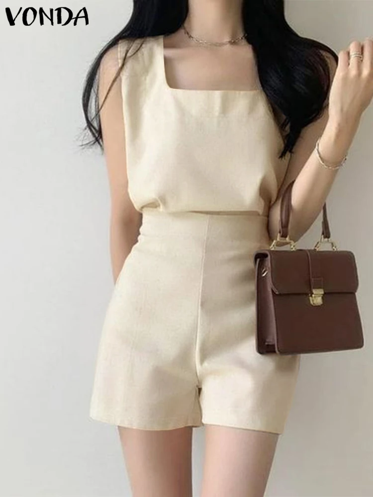 

2023 VONDA Fashion Women Short Sets Summer Square Collar Sexy Tank Tops and Shorts Casual Solid Color Elegant Matching Sets 2pcs