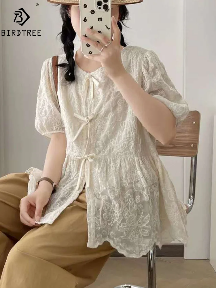 

New Spring Cotton Casual Short Sleeve Shirt Women ONeck Butterfly Embroidery Top Girl Loose Retro Blouses 2024 Summer T458103QM