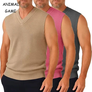 Mens Crochet Tank Tops Knitted Sleeveless Sweater Vests Casual V Neck Sleeveless Vests Casual Pullover Sweater