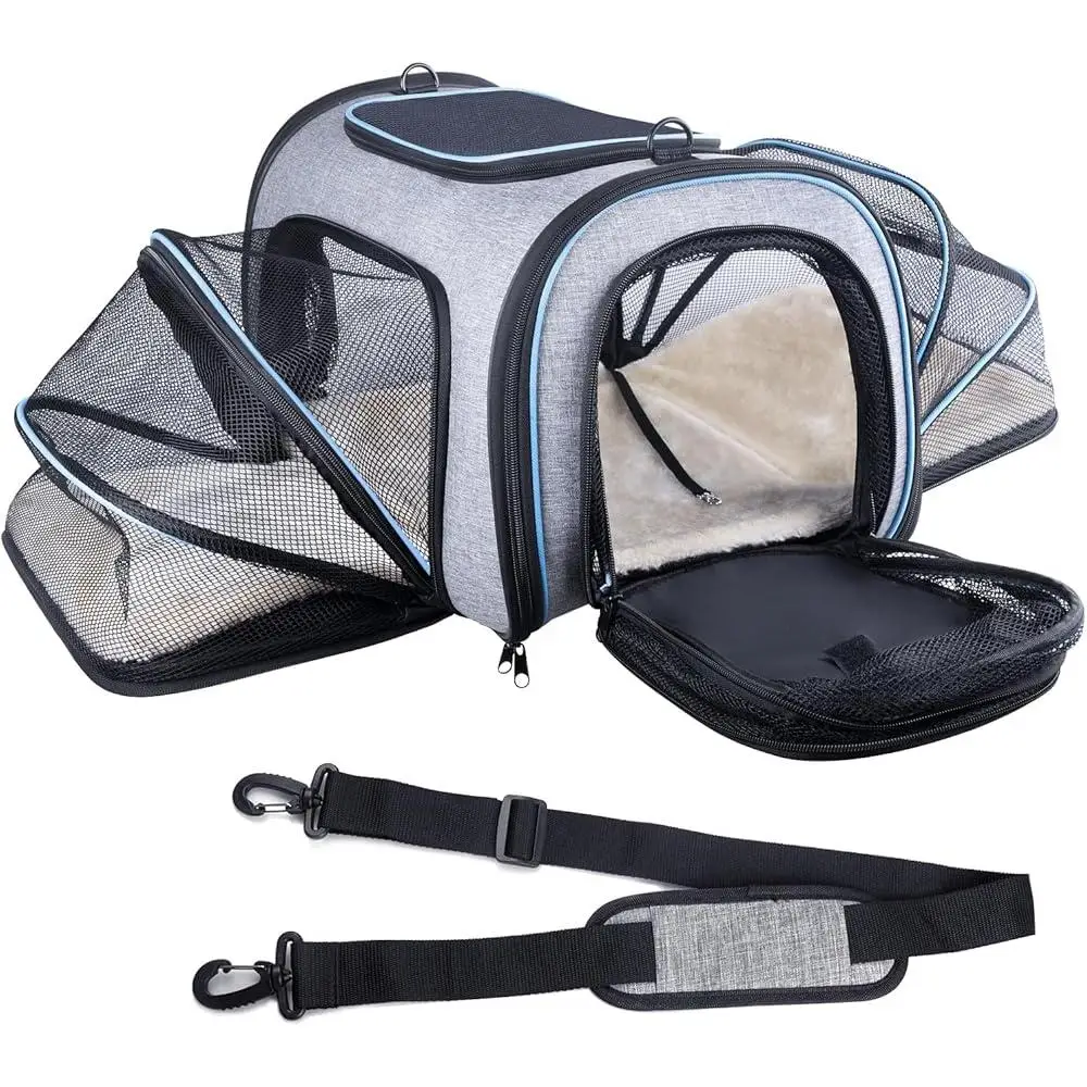 Airline Approved Expandable Soft-Sided Pet Carrier Collapsible Cat Dog Bag with Removable Fleece Pad Multi-Entrance Design