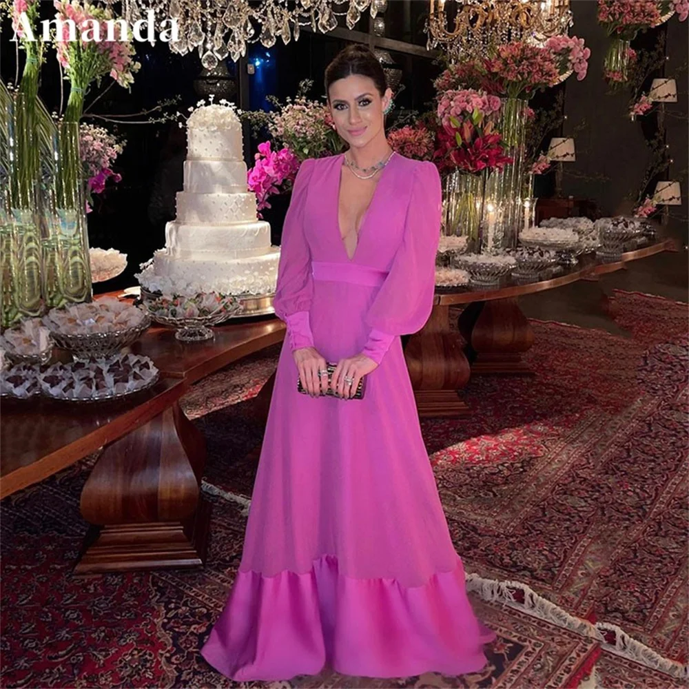 Musetta Long Puffy Sleeve Evening Dresses Deep V Neck Hot Pink Arabic Dubai Sexy A-line Prom Dress Ruffles Belt Party Gowns