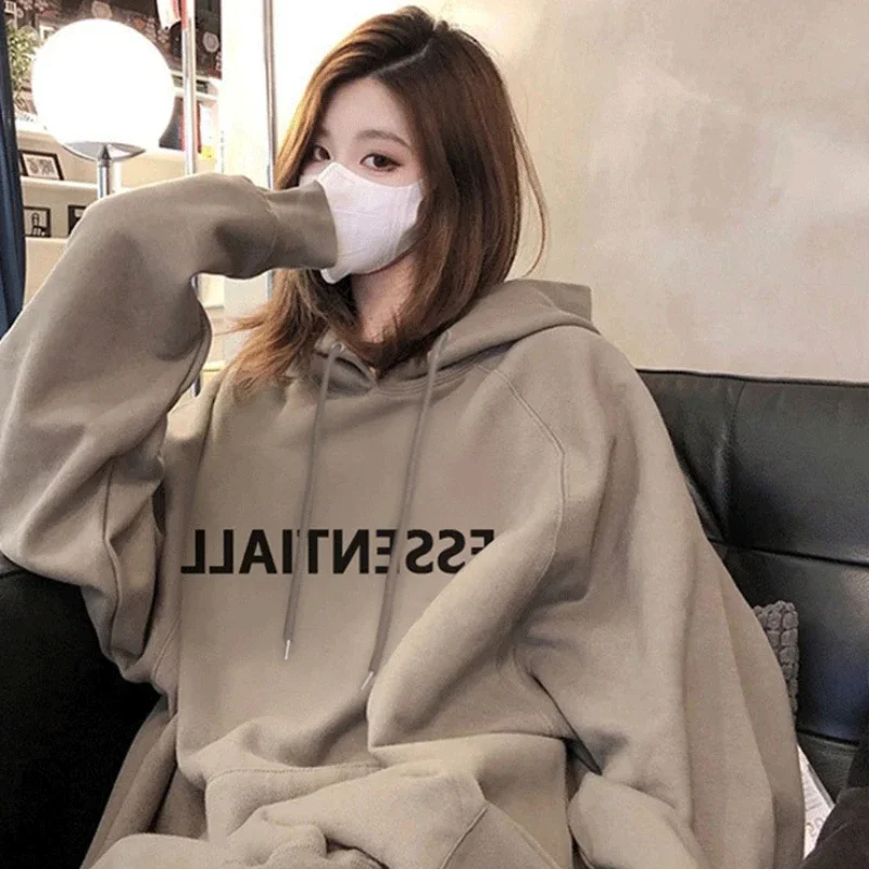 

Sweatshirts for Women Punk Loose Hoodies Letter Printing Hip Hop Baggy Female Clothes Tops Pullovers Text Hooded Khaki Graphic M