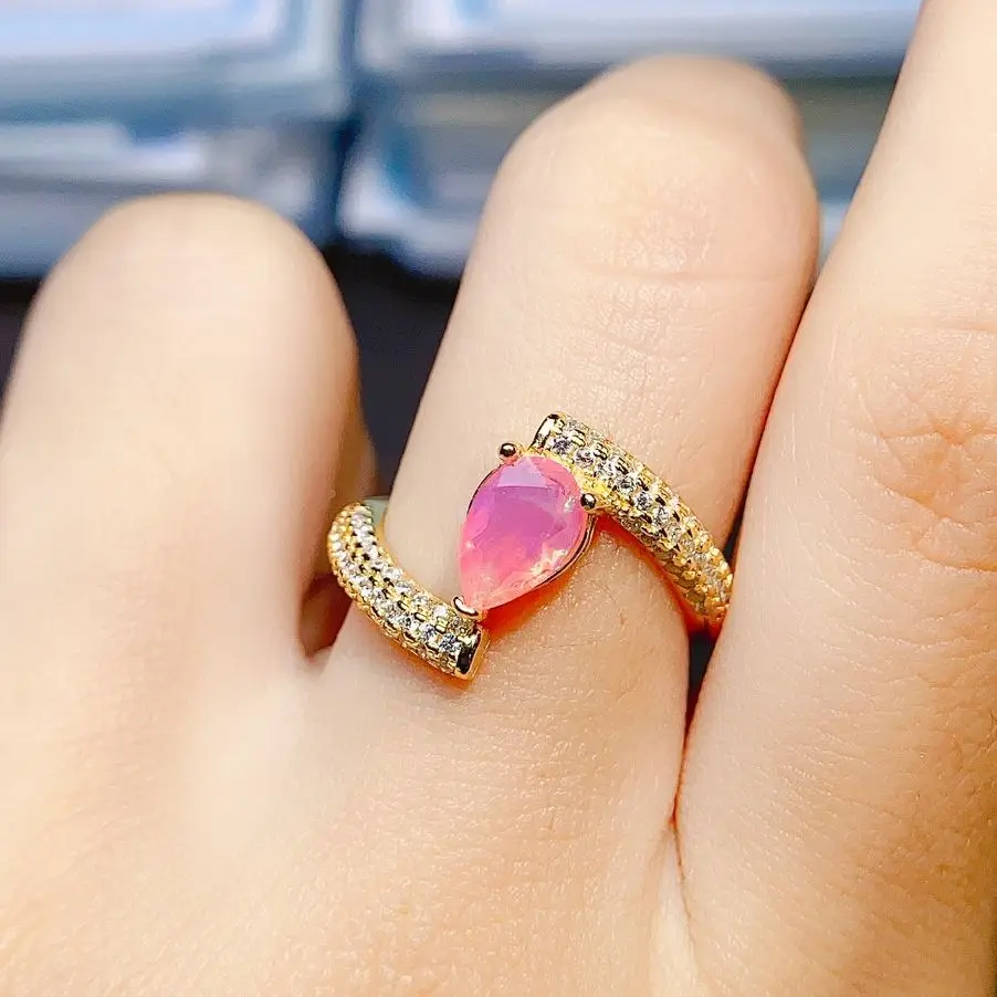 

Opal Wedding Ring Pear Pink Fire Opal Engagement Ring Vintage 925 Silver Ring Opal Pave CZ Band Promise Ring