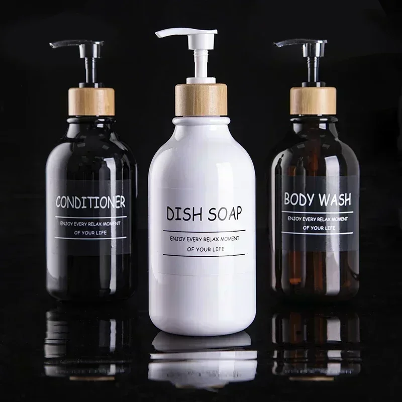 Set 4 Dispenser Sapone In Plastica PET 300ml Con Etichette Impermeabili – Marrone