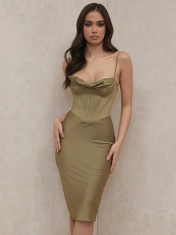 

New fashion ladies Green mid length dress women Elegant bodycon Spaghetti Strap Strapless slim fit dresses for party 2021
