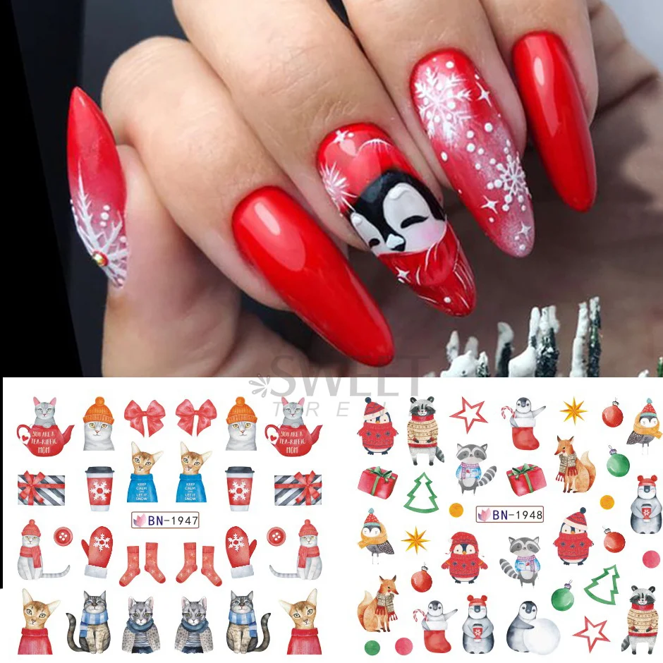 12pcs Cute Penguin Winter Nail Stickers Birds Bear Cat Animal Snowflake Sliders Water Decals Decoration 2024 Xmas Manicure Tips