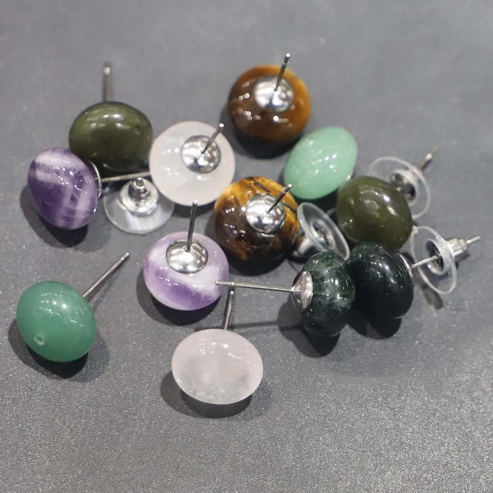 8*12MM Natural Stone Round Stud Amethyst Earrings Rose Quartz Tiger Eye Crystal Simple Ear Handmade Bohemian Women Jewelry 6Pair