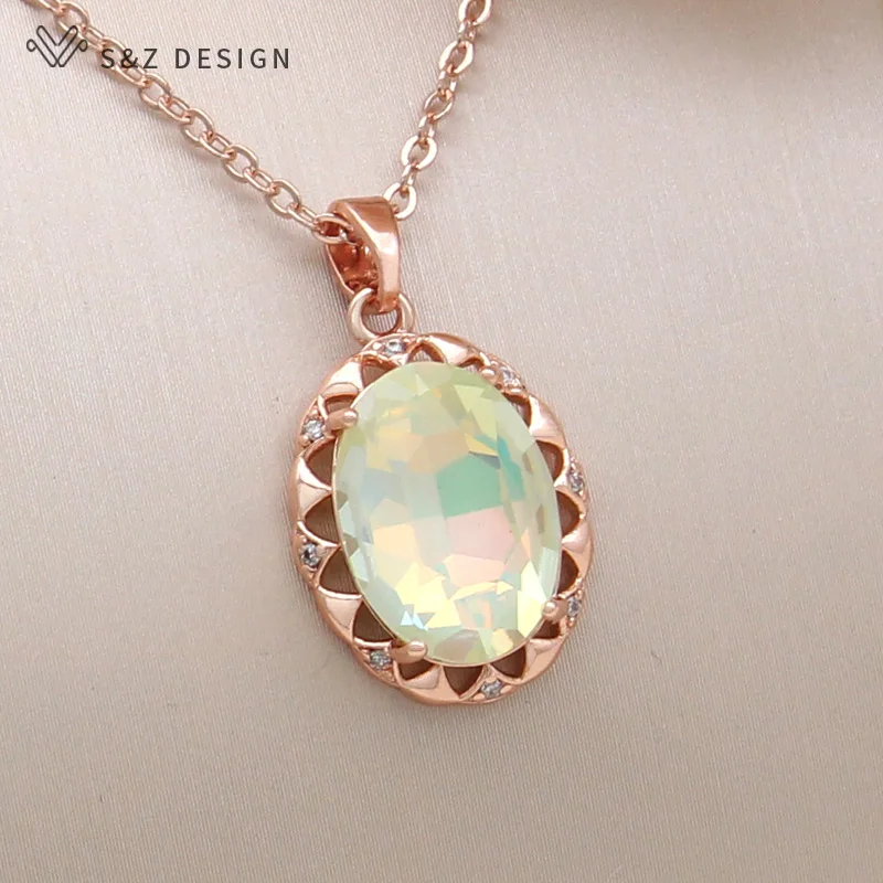 S&Z DESIGN New Fashion Oval Crystal Pendant Necklace For Women Wedding Party Cubic Zirconia 585 Rose Gold Color Jewelry Gift