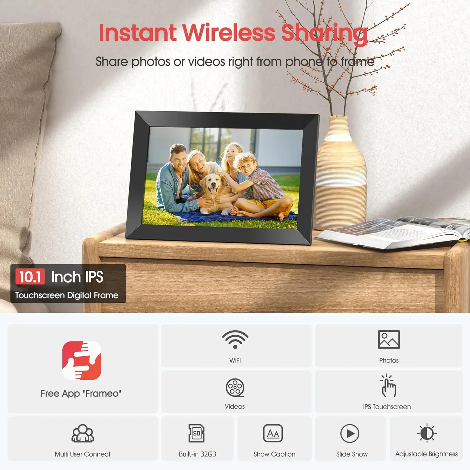 Acrylic Digital Photo Frame 10.1 Inch Smart WiFi Digital Photo Frame 1280x800 IPS LCD Touch Screen Built in 32GB Memory