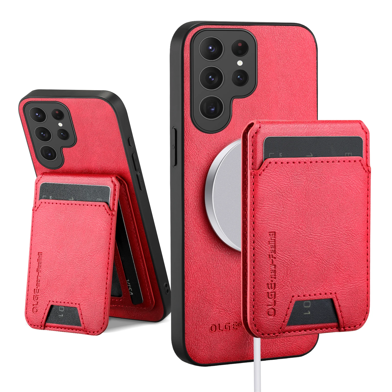 Leather Wallet Card Holder Case with Mag-Safe Stand and Magnetic Cover