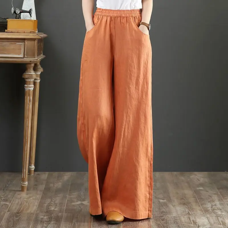 Women's 2024 Summer New Patchwork Elasticized High-waisted Pocket Fashion Solid Color Loose Minimalist Casual Straight Pants