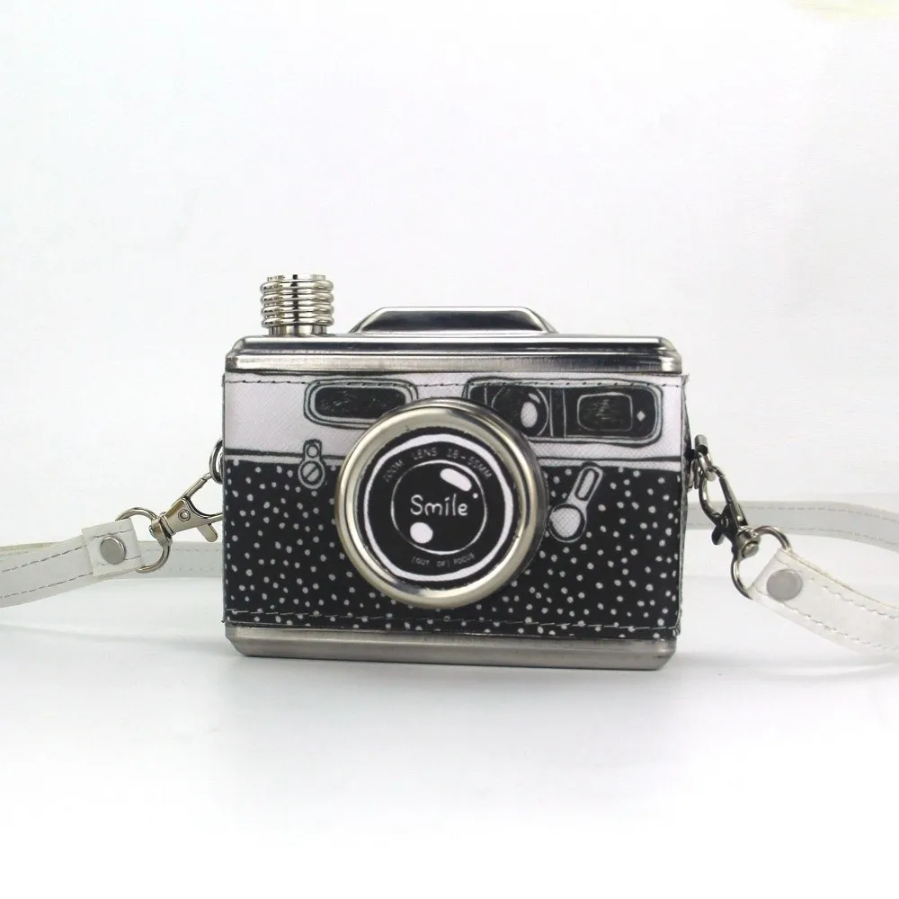 스테인리스 스틸 카메라 모양 힙 플라스크, 누수 방지 카메라 디자인 위스키 용기 병 11온스(325ml), 탈부착 가능한 스트랩 위스키 플라스크