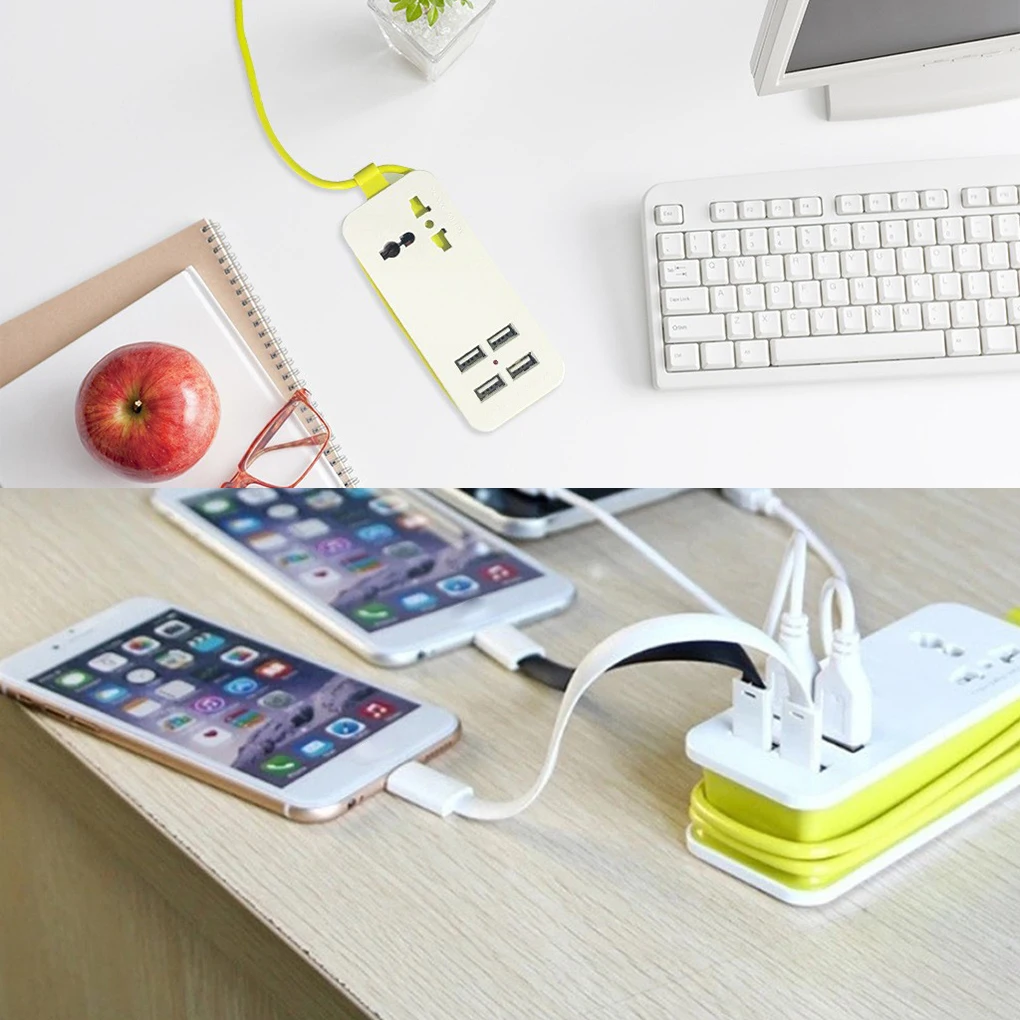 EU Plug Power Strip Extension Cable Electrical Socket 4 USB Ports For Home Office Yellow White Power Strips