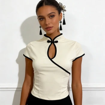 Women's Beige Chinese Style Cheongsam Blouse Vintage Mandarin Collar Short Sleeve Crop Top with Frog Button Keyhole Asymmetrical 1