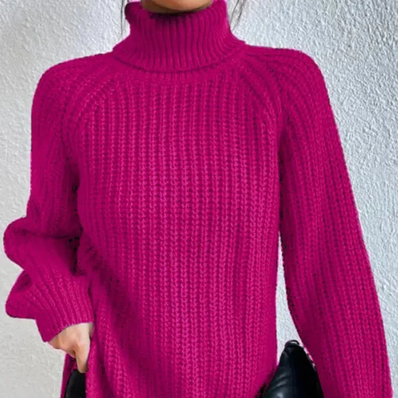 2025 Autumn and Winter New Knitted Shirt Medium To Long with Raglan Sleeves High Collar Split Sweater Dress for Women 96