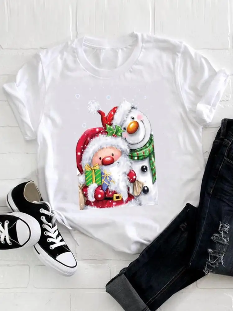 

Футболка женская с коротким рукавом, модная Милая мультяшная одежда с рисунком счастливого времени, топ на Рождество и новый год