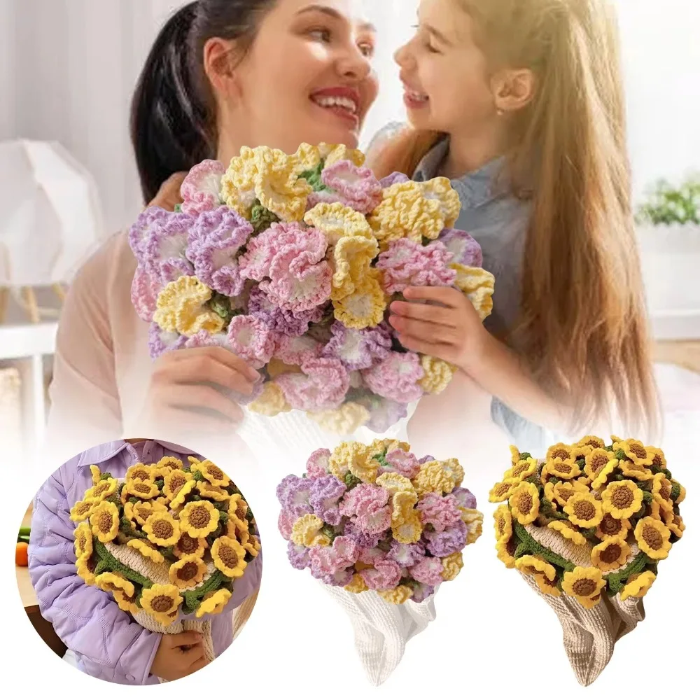 Crochet Rose Bouquet Blanket Sunflower Carnation Finished Flower Bouquet Blanket Fashion DIY Craft Carnation Blanket