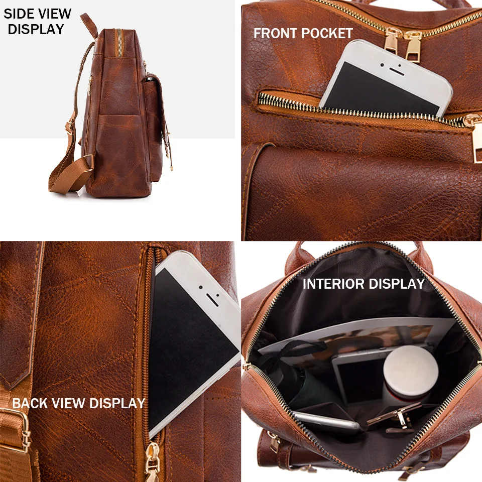 Womens Backpack Vintage Pu Leather Daypack Brown Casual Travel Retro Student School Bag