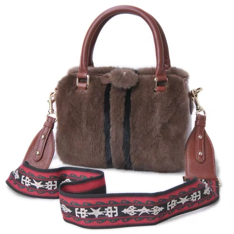 Fashion Luxury Women's Fur Handbag Winter Natural Mink Fur Shoulder Bag Real Cowhide Handles High Quality Crossbody Bag