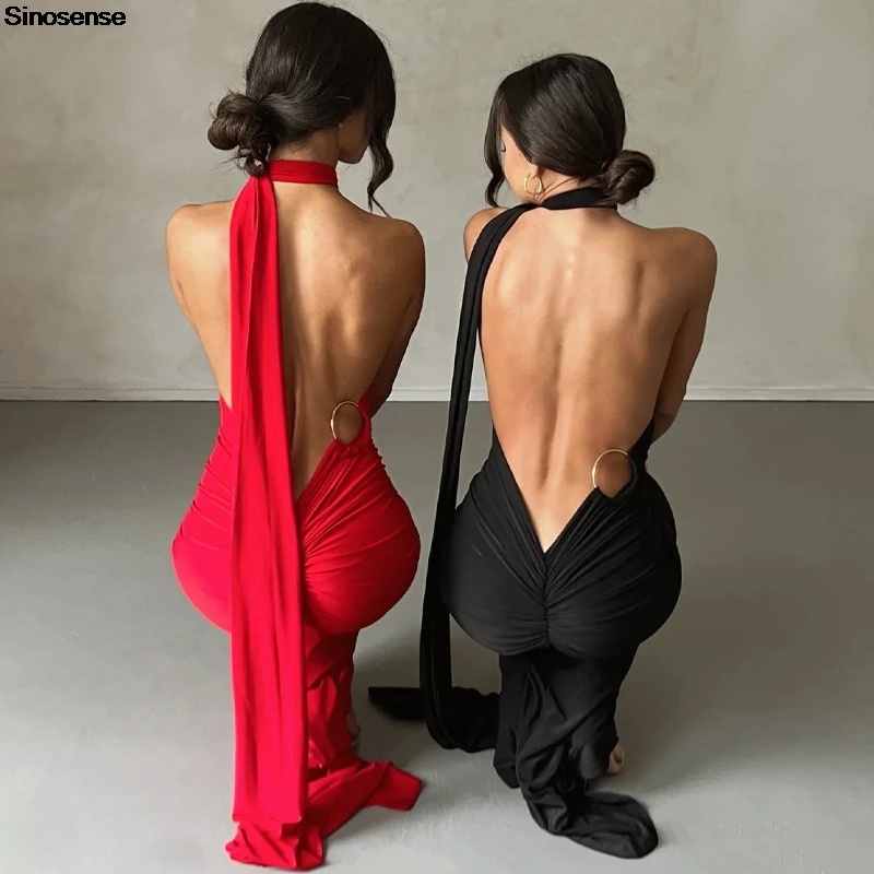 Womens Elegant Evening Party Cocktail Long Dress Sexy Backless Open Back Ruched Slim Bodycon Formal Wedding Guest Maxi Dress - 2