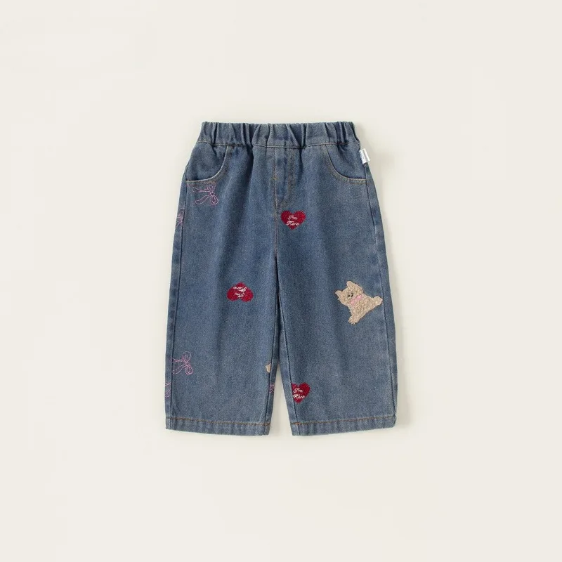 어린이 귀여운 자수 와이드 레그 팬츠  소녀용 청바지 여자아이용 청바지 롱 팬츠