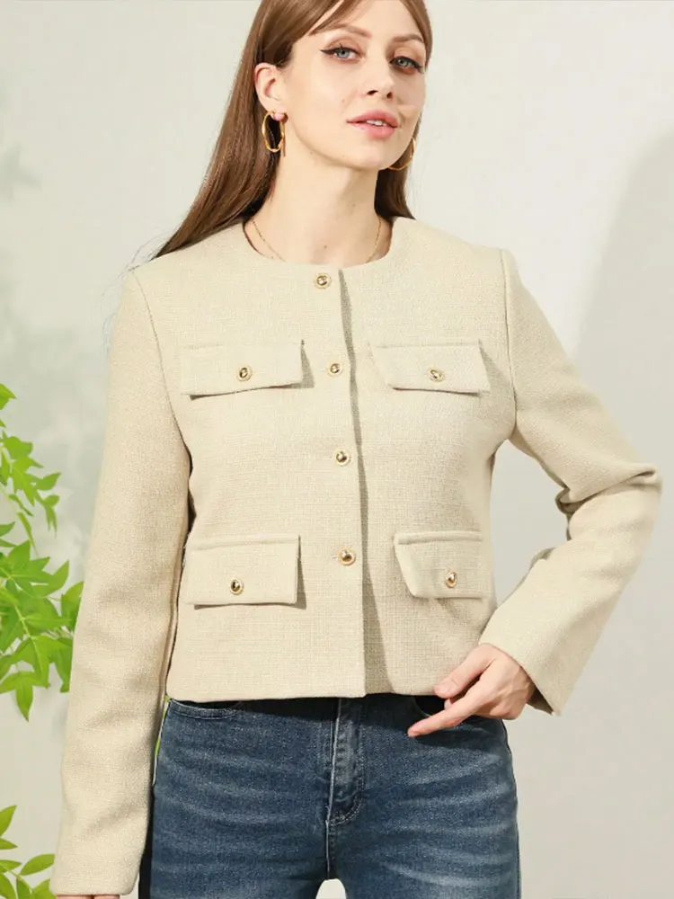 HH Jacket For Women Front Flap Pocket Long Sleeve O Neck Coat Casual Autumn New Fashion High Street Solid Outerwear