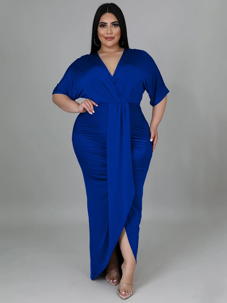 V Neck Dresses for Women Plus Size 4XL Short Sleeve High Waist Sexy Slit Office Lady Evening Cocktial Party Gowns Outfits 2023
