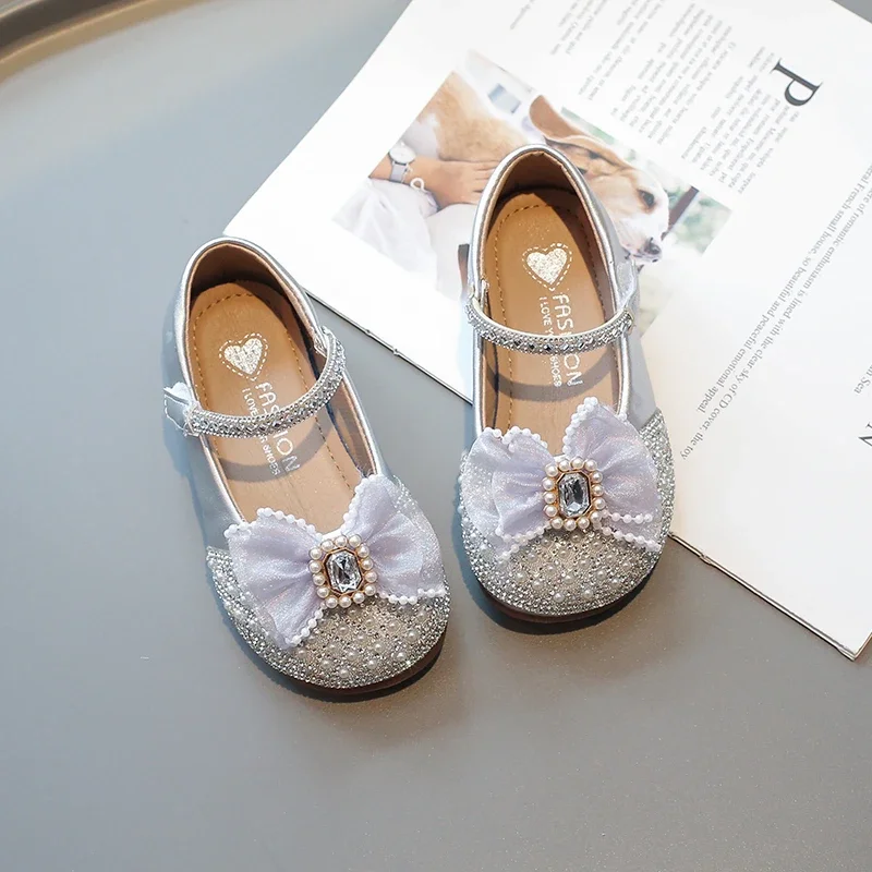 Kids Leather Shoe Spring Autumn Versatile Girl Princess Shoes Fashion Sweet Bowtie Children Causal Rhinestone Dance Flat Shoes