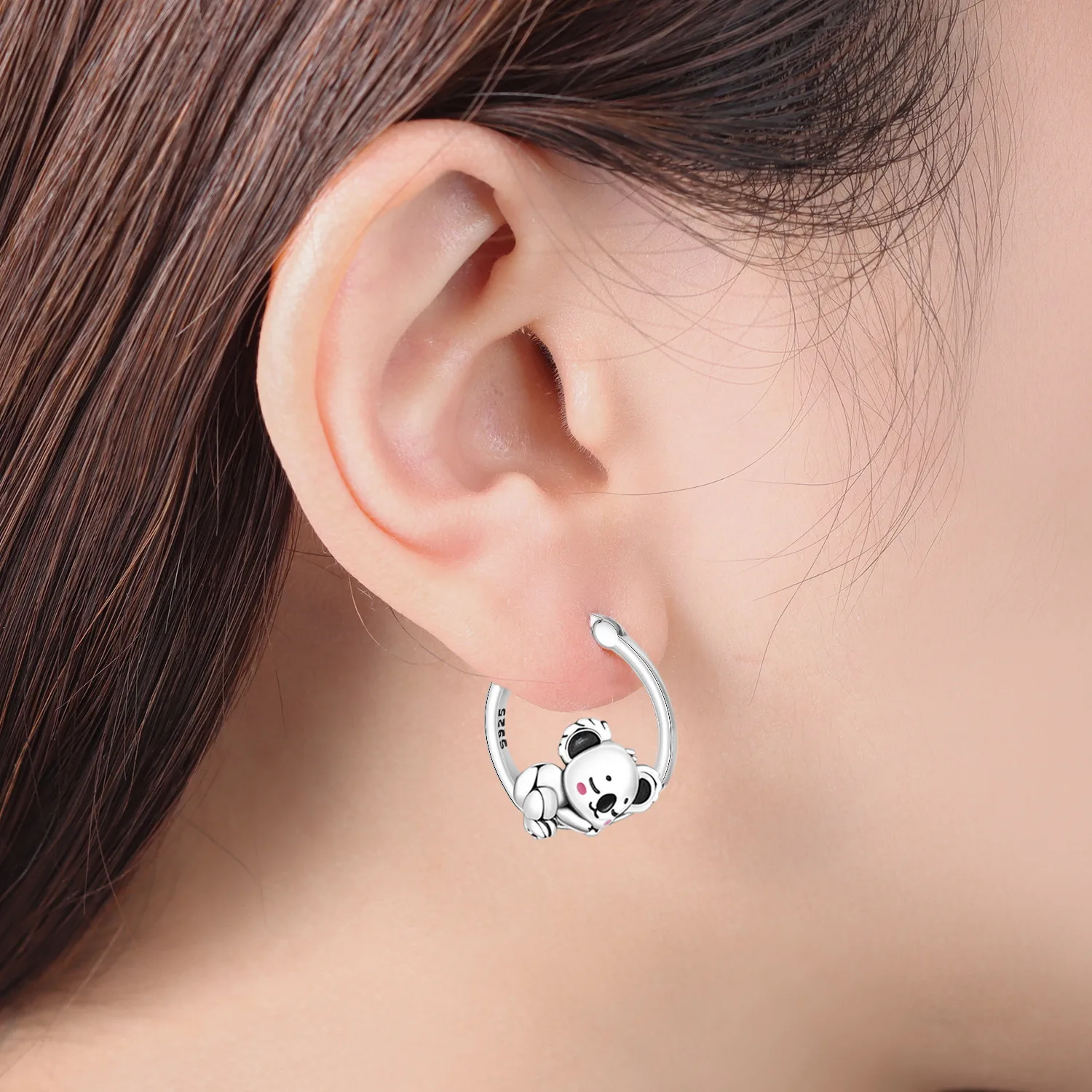Original einfache Creolen aus 925er-Sterlingsilber mit Tiermotiv, niedlicher Panda auf Bambus, edler Schmuck, Geschenke für Frauen, Geburtstagsfeiern – Detail 14