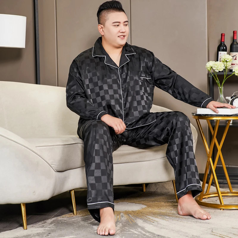 3xl-5xl Plus Size 150kg Graphics Silk Pajamas for Men Autumn Spring New Long Sleeve Singer Breast Top and Pants Sleepwear Pjs
