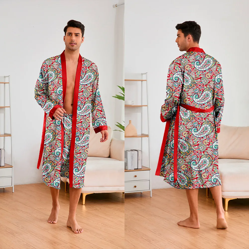 Men Pieces Sleepwear Leopard Bathrobe Set Satin Kimono