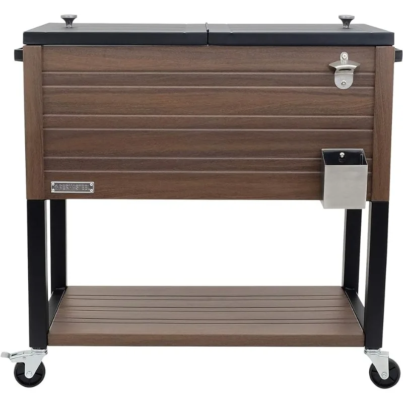 

80-Quart Outdoor Patio Cooler with Wheels | Beverage Rolling Cooler for Backyard Deck,Wood Grain Accent, Brown