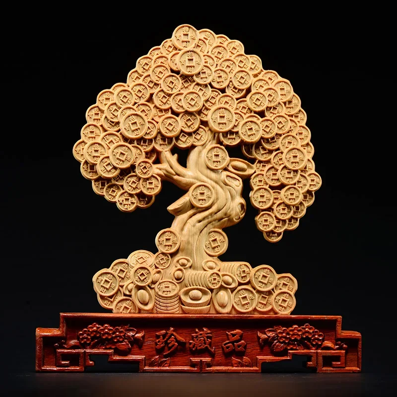 

24cm Thuja Wood Statue Feng Shui Money Tree Lucky Decoration Mascot Home Desk Decor Sculptures