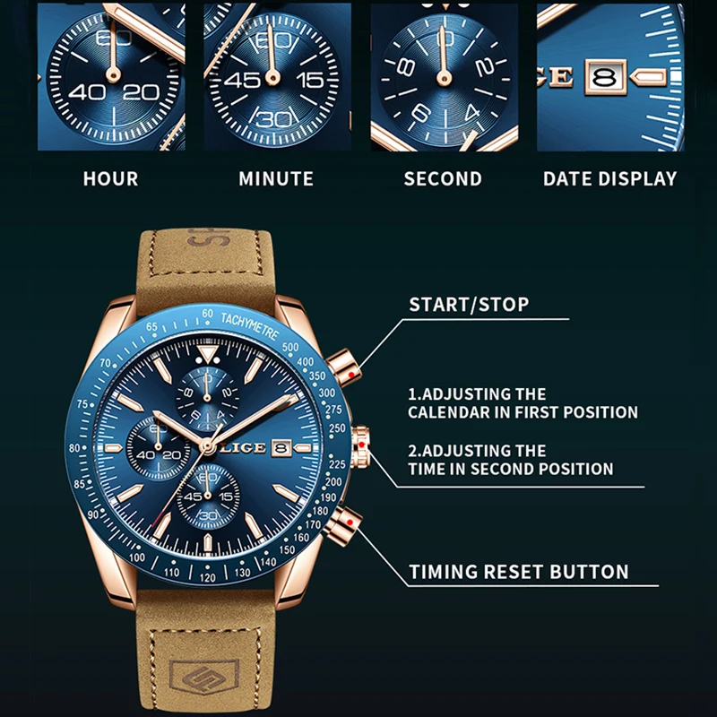 LIGE Casual Sports Men Watch Luxury Waterproof Men Quartz Watches Top Brand Leather Military Chronograph Relogios Masculino+BOX