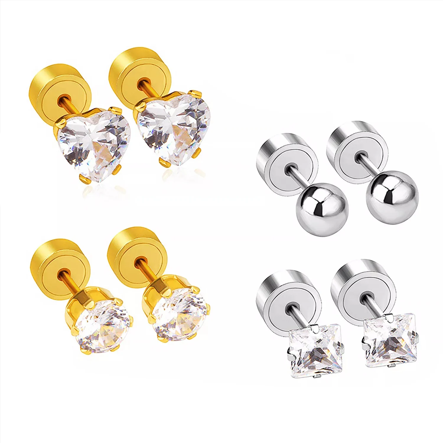 Stud Earrings Pink Flower For Women Girls Stainless Steel Round Ball Crystal