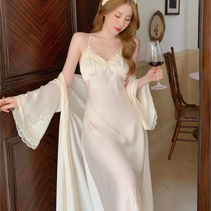 Wedding Tie Morning Gowns Women's and Bridesmaid Sense Niche Ice Silk Robe Slip Nightdress