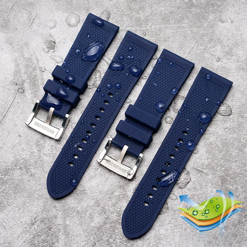 Silicone Sports Waterproof Watch Band – Breathable Rubber Strap, Blue, 22mm/23mm