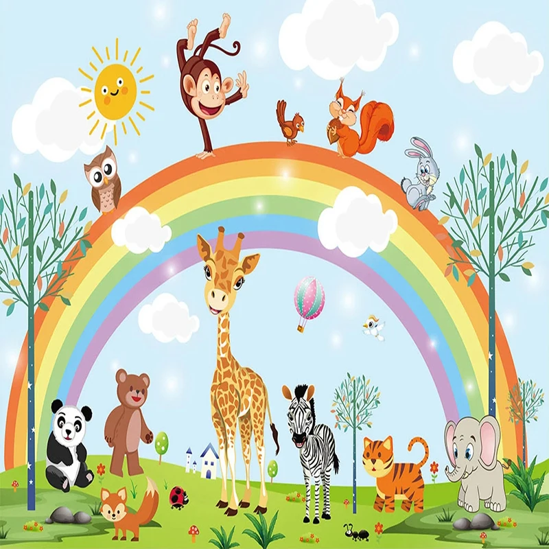 3D Hand Painted Cartoon Rainbow Animal Kindergarten Children Baby Room Bedroom Wardrobe Wallpaper Wall Mural Sticker Home Decor