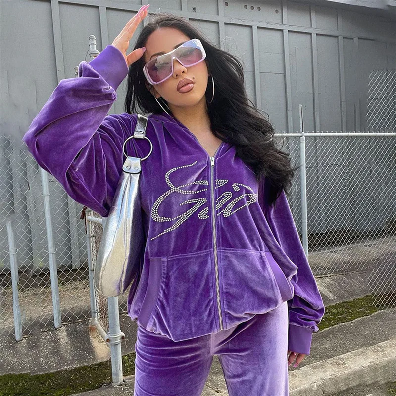 

Rhinestone Velvet Tracksuit Zipper Hoodie and Baggy Pants 2 Piece Pajama Sets Streetwear Hip Hop Aesthetic 2021 Autumn Clothes