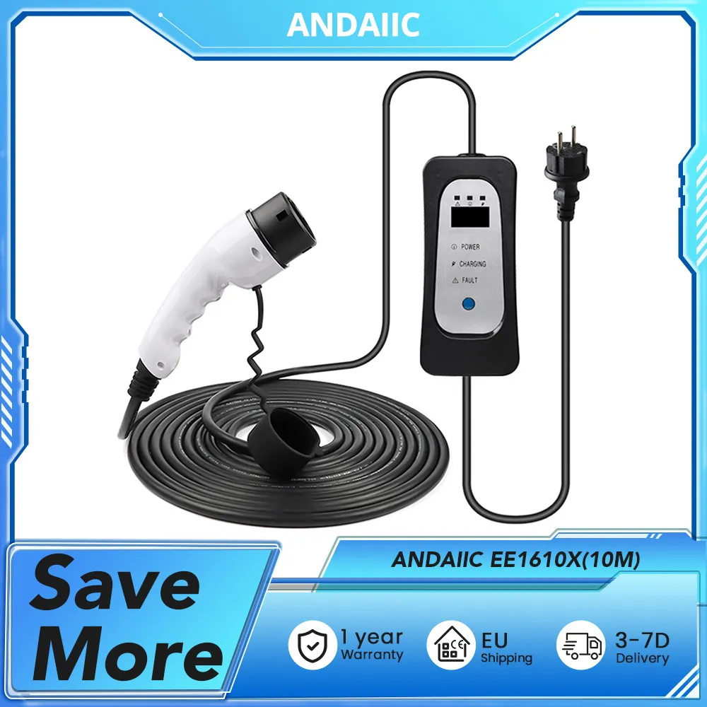 ANDAIIC EE1610X Ładowarka EV do samochodów elektrycznych Przenośna ładowarka Typ 2 IEC 62196 Mode2 8A/10A/13A/16A Regulowany prąd 10m Kabel IP54