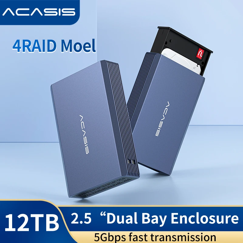 Acasis 듀얼 베이 인클로저 HDD/SDD 케이스, 2.5 SATA HDD용, 데이터 백업 비디오 편집 지지대 레이드 모드 PC 케이스, 2.5 인치