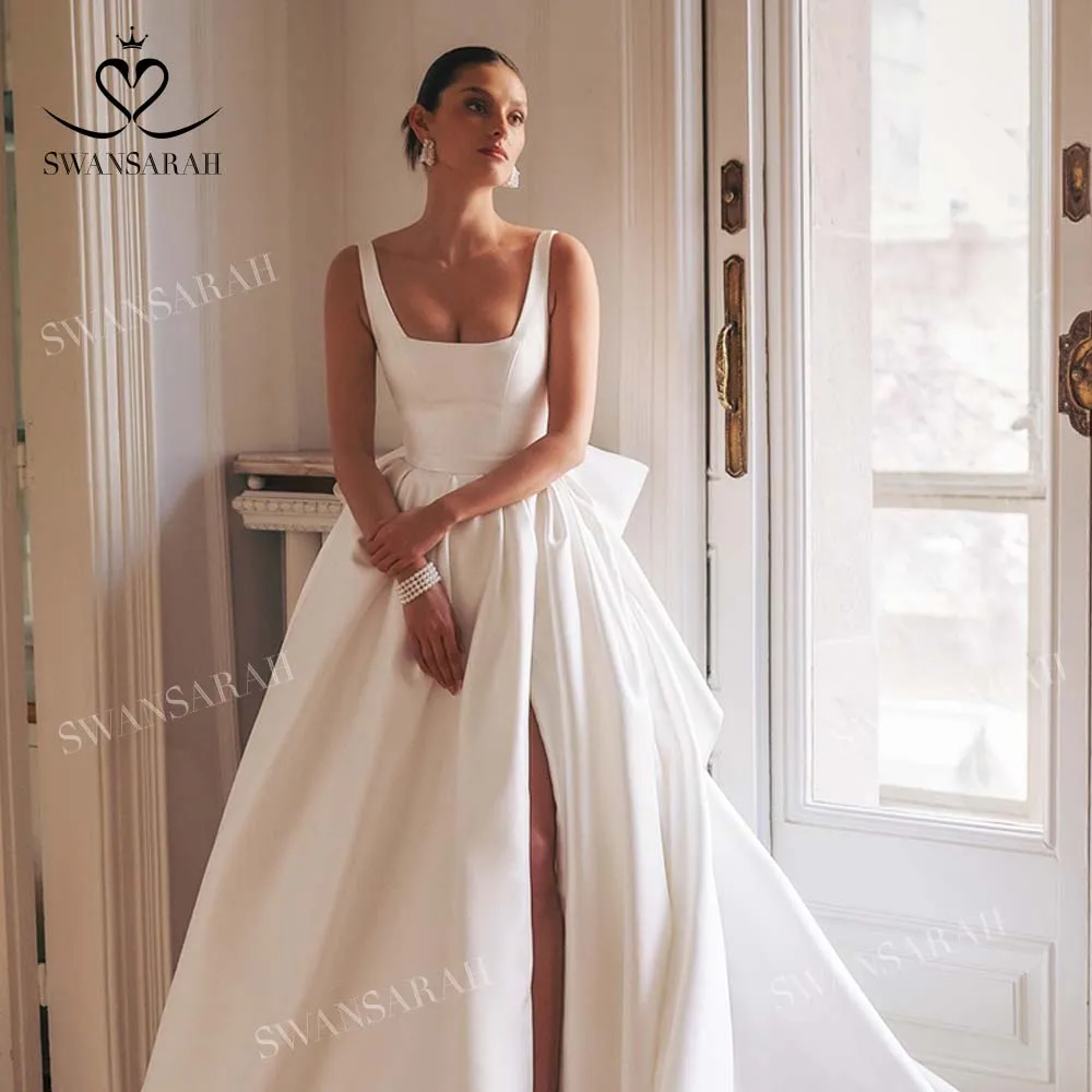 Sleeveless Satin A-Line Wedding Dress 2025 Square Collar Split Bow customized Bride Gown SwanSarah W274 Vestido De Novia 4