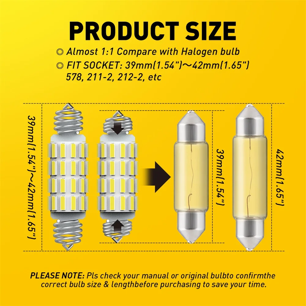 AUXITO 佺 LED ĵ   4014SMD 6500K ȭƮ ڵ ׸ ,   Ʈũ , C10W, 39mm, 41mm, 42mm, 2 