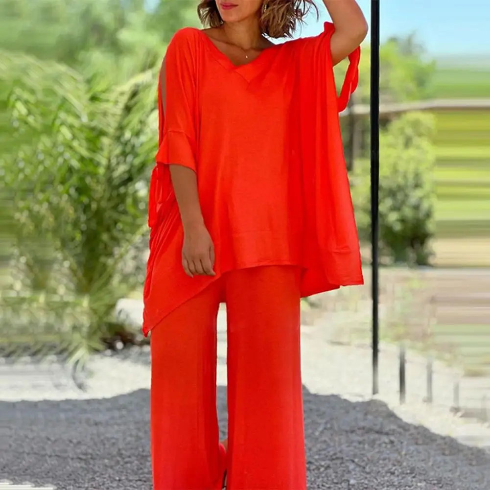 

Female Casual Outfit Summer V-neck Lace-up Half Sleeve T-shirt Pants Set Oversize Loose Office Lady T-shirt Top High Waist Pants